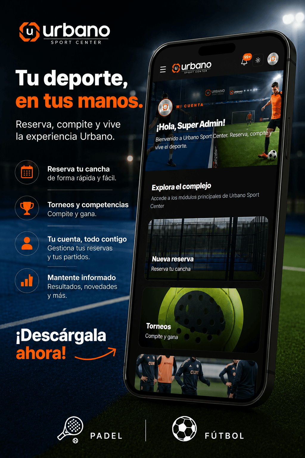 Urbano Sport Center — app móvil para reservas, torneos y notificaciones